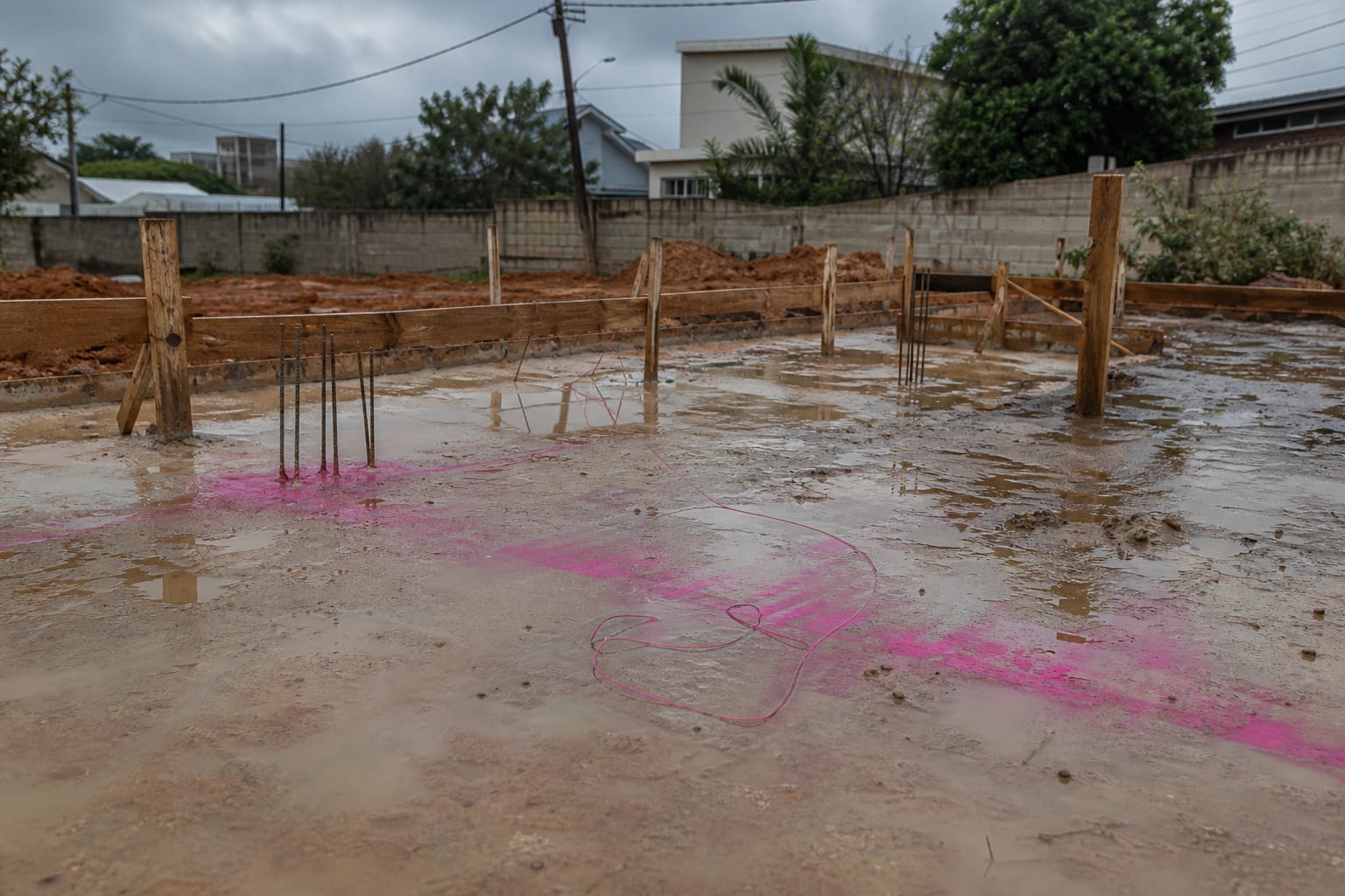 Canteiro de obra parado após chuva forte, com poças sobre o contrapiso e lona azul cobrindo sacos de cimento