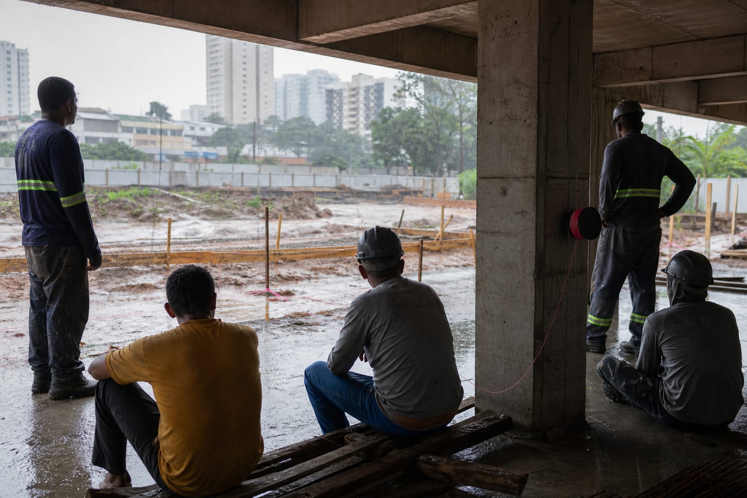 Trabalhadores abrigados sob a laje durante chuva forte, com o canteiro alagado e materiais cobertos por lona azul