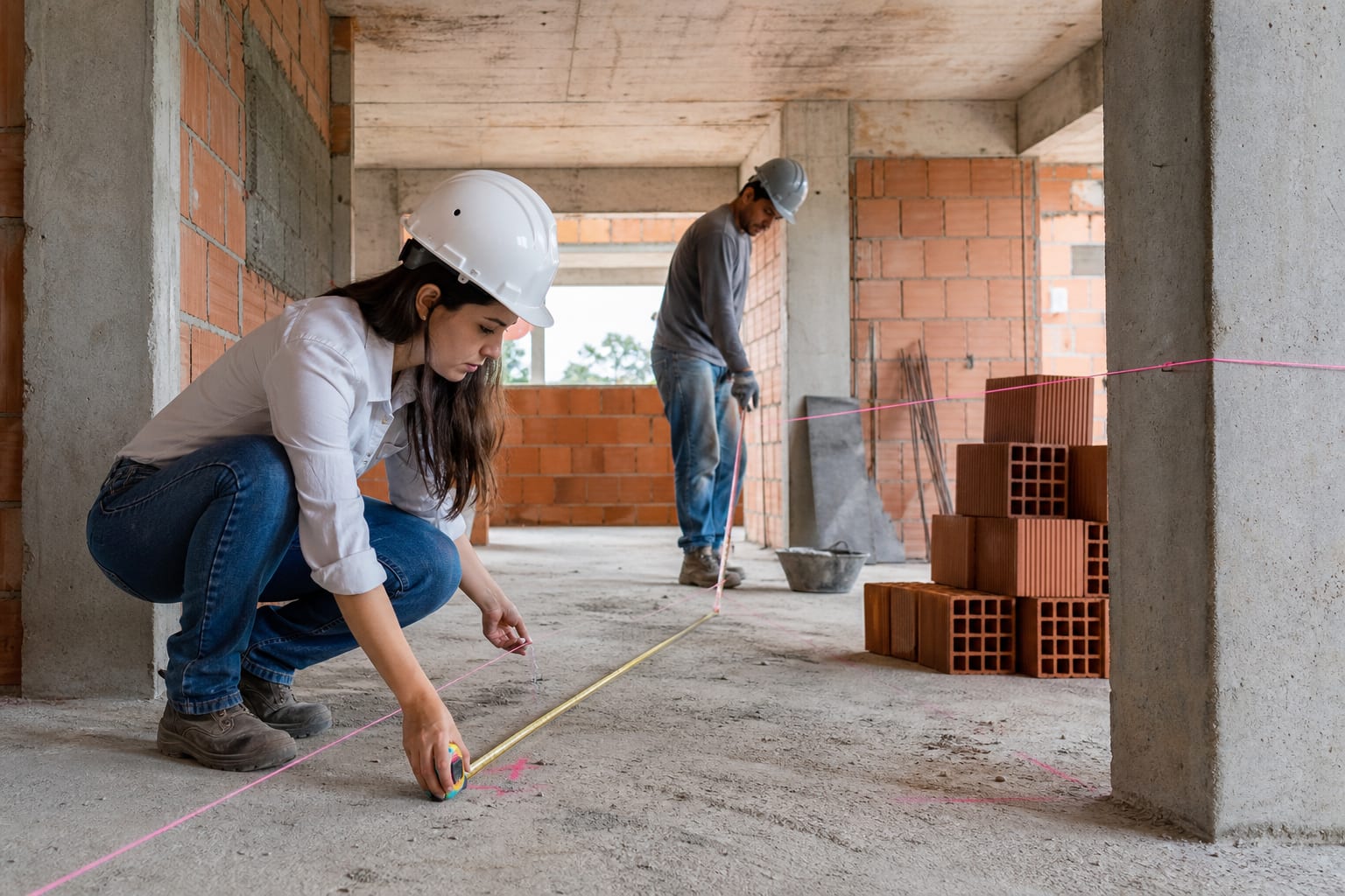 Engenheira e encarregado medindo com trena a alvenaria executada em um pavimento de obra