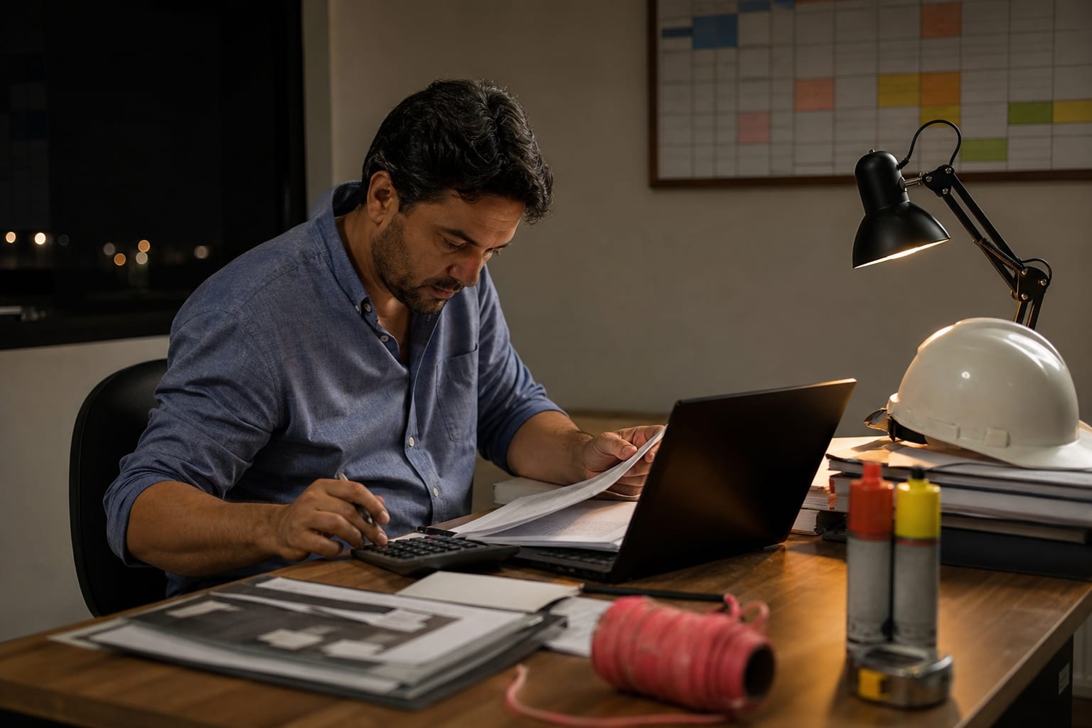 Sócio de pequena construtora trabalhando à noite no escritório com notebook, calculadora e pastas de documentos