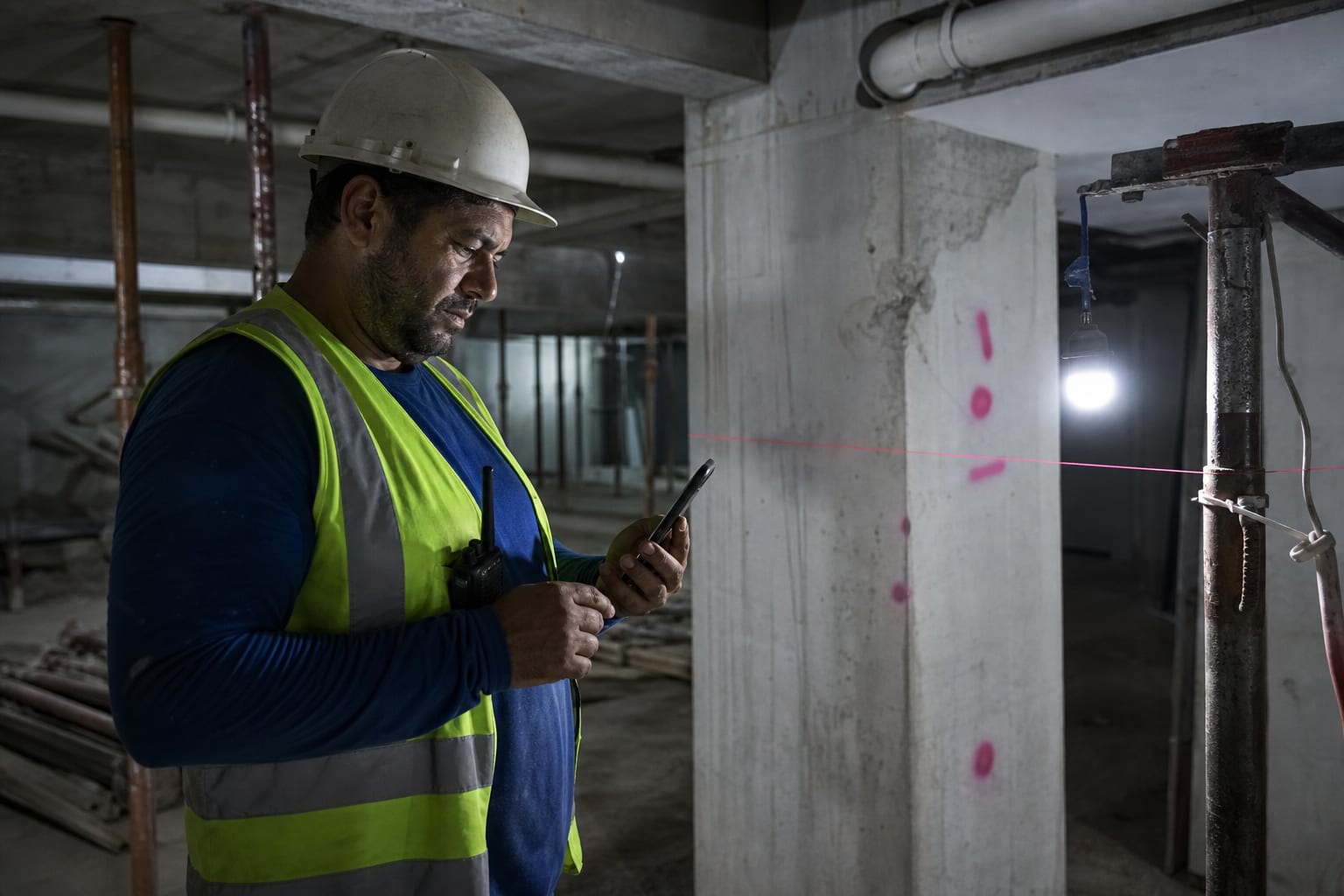 Encarregado de obra usando o celular no subsolo de uma construção iluminado por lâmpada de canteiro