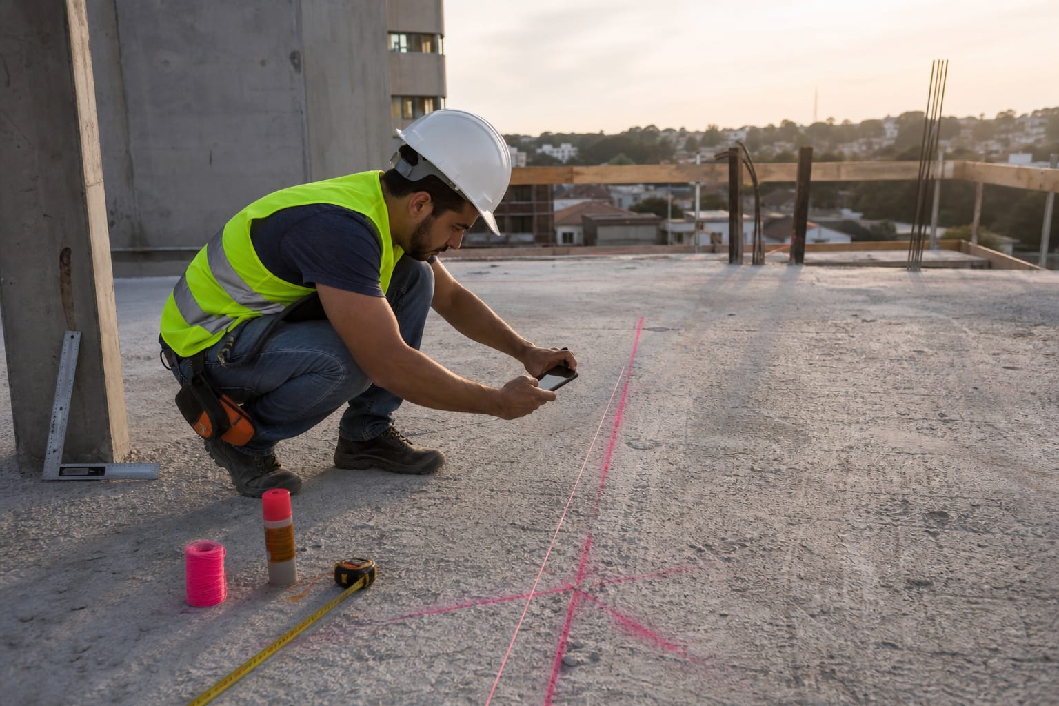 Engenheiro civil de capacete branco e colete refletivo fotografa com o celular a armadura de uma viga em obra residencial, com andaime coberto por tela verde ao fundo